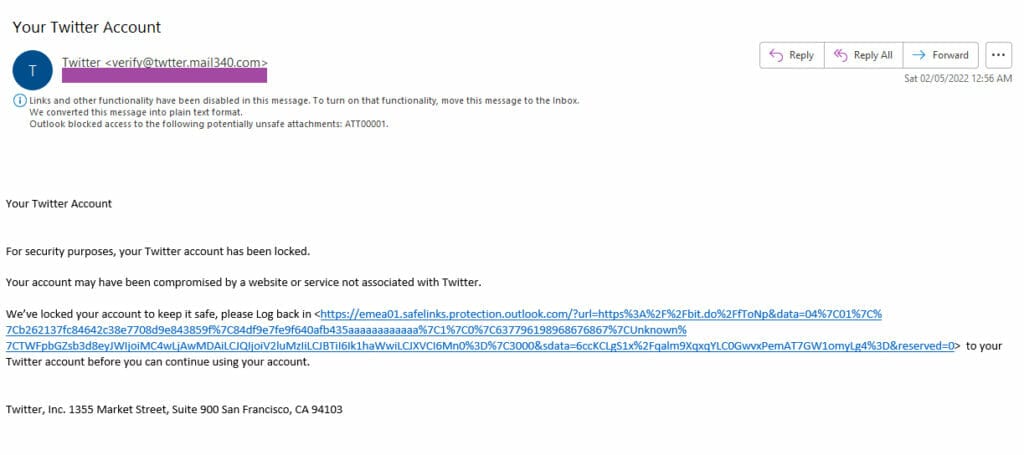 Phishing Scam – Fake Twitter email Phishing Scam - Fake Twitter email